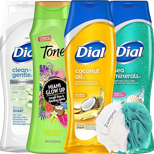 Partypom - Conjunto de 4 Sabonetes Líquidos Dial and Tone – Óleo de Coco, Minerais Marinhos, Miami Glow Up, Aloe – Tamanhos Variados + Esponja Party-pom
