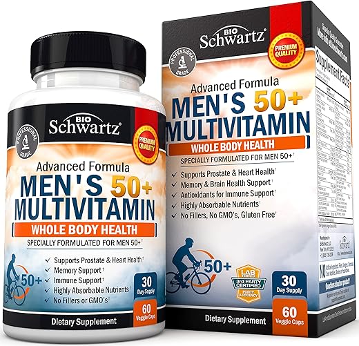 BioSchwartz - Multivitamínico Diário para Homens 50+ – Suporte à Saúde Cardíaca – com Zinco, Vitaminas A, B, C, D3, E – para Memória