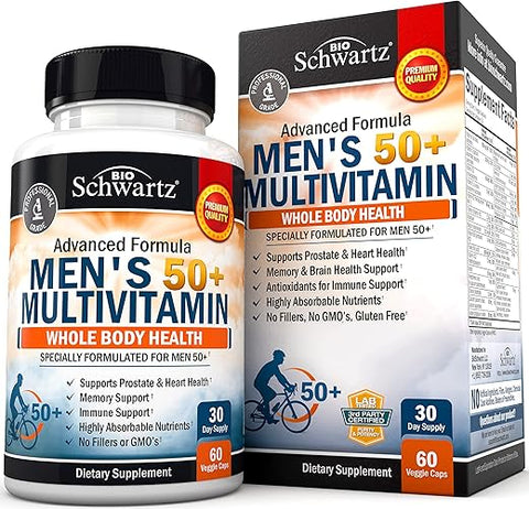 BioSchwartz - Multivitamínico Diário para Homens 50+ – Suporte à Saúde Cardíaca – com Zinco, Vitaminas A, B, C, D3, E – para Memória