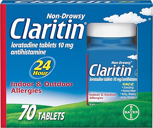 24 Horas Medicamento para Alergia, Alívio de Alergia de Força de Prescrição sem Sonolência, Comprimidos Antialérgicos de Loratadina, 70 Unidades - Claritin