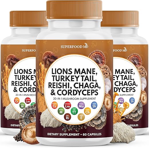 Superfood MD - Lions Mane 3000mg + Turkey Tail 2000mg + Reishi 1000mg + Cordyceps Chaga 1000mg com Raiz de Marshmallow – 180 Cápsulas