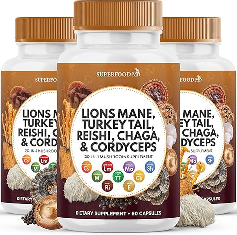 Superfood MD - Lions Mane 3000mg + Turkey Tail 2000mg + Reishi 1000mg + Cordyceps Chaga 1000mg com Raiz de Marshmallow – 180 Cápsulas