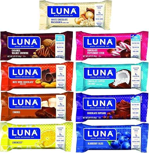 Luna - LUNA BAR – Barras de Lanche Sem Glúten – Pacote com Variedade de 9 Sabores – 7-9g de Proteína – Não-OGM – Lanche Saudável à Base de Plantas – Snacks para Levar (Barras de Lanche de 1,69 Onça, 9 Unidades)