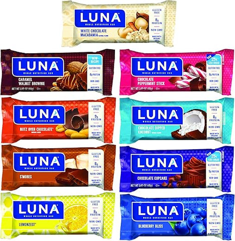Luna - LUNA BAR – Barras de Lanche Sem Glúten – Pacote com Variedade de 9 Sabores – 7-9g de Proteína – Não-OGM – Lanche Saudável à Base de Plantas – Snacks para Levar (Barras de Lanche de 1,69 Onça, 9 Unidades)