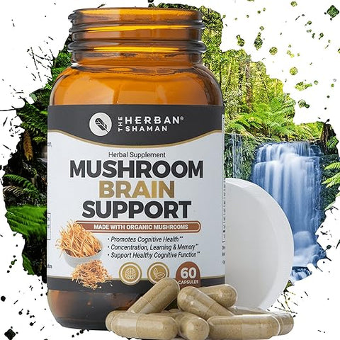 The Herban Shaman - Suplemento Cogumelo Suporte Cerebral | Leão Mane Orgânico, Cordyceps, Folha de Ginkgo, Gotu Kola e Mais | Herbal Natural (60 Cápsulas)