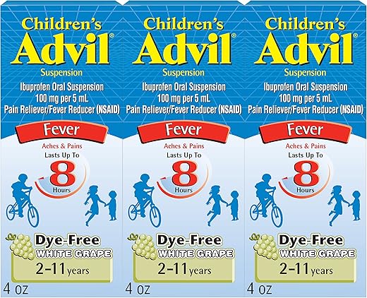Infantil Alívio da Dor e Redutor de Febre, Ibuprofeno sem Corante para Alívio da Dor em Crianças, Ibuprofeno Líquido para Crianças, Uva Branca – 120 ml (Pacote com 3) - Advil