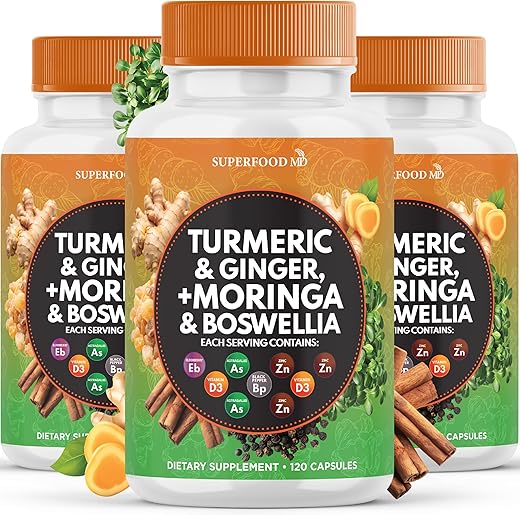 Superfood MD - Turmeric Curcumin 30000mg Ginger 3000mg Moringa 50000mg Boswellia 3000mg Saffron 2000mg Holy Basil – Suporte Articular para Mulheres e Homens com Canela do Ceilão, Quercetina, 100% Natural