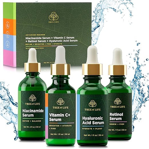 Tree of Life Beauty - Regime Avançado Tree of Life – Sérum de Niacinamida (Refina) Sérum de Vitamina C (Ilumina) Sérum de Retinol (Suaviza) Sérum de Ácido Hialurônico (Hidrata) – Séruns Faciais – 4 unid x 30 ml