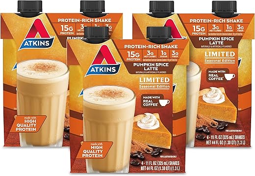 Pumpkin Spice Latte: 15g Proteína, 3g Carboidratos Líquidos, 1g Açúcar, Baixo Índice Glicêmico, Amigo do Keto, 12 Unidades - Atkins
