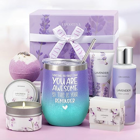 LUCOTIYA - Presentes para Mulheres – Cestas de Presente de Aniversário para Mulheres, Banho de Espuma de Lavanda, Copo de Vinho Térmico Roxo – Mãe, Irmã, Professora