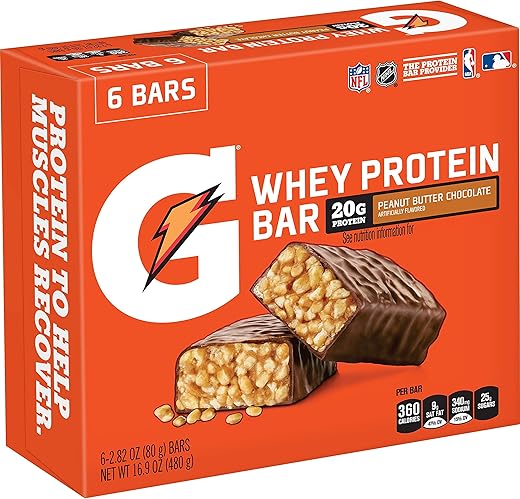 REUSSIR - Gat0rade Barras de Proteína de Manteiga de Amendoim e Chocolate, 20g de Proteína, 6 Unidades – Embaladas Individualmente para Desfrutar na Academia, Fora de Campo ou em Movimento