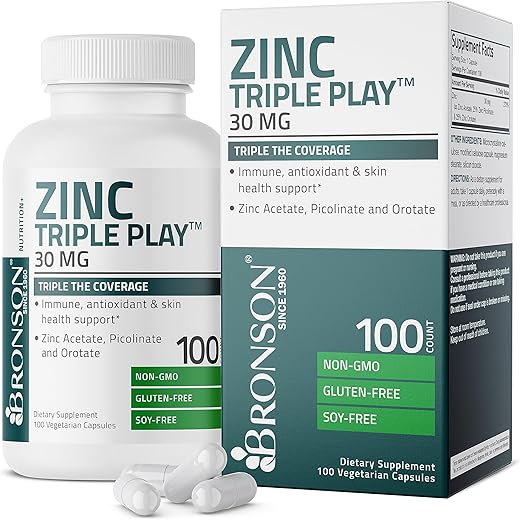Zinc Triple Play 30 mg – Suporte Imunológico Triplo com Acetato e Picolinato de Zinco – 60 cápsulas - Bronson