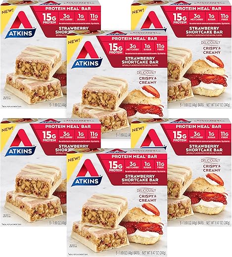 Barra de Proteína Sabor Morango, Alto Teor de Fibras, 1g Açúcar, 3g Carboidratos Líquidos, Substituto de Refeição Keto Amigável, 30 Unidades - Atkins