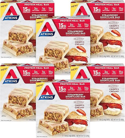 Barra de Proteína Sabor Morango, Alto Teor de Fibras, 1g Açúcar, 3g Carboidratos Líquidos, Substituto de Refeição Keto Amigável, 30 Unidades - Atkins