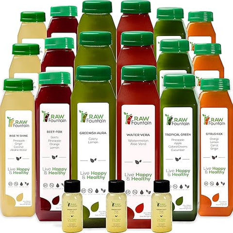 3 Day Juice Cleanse Raw Fountain – Sabores Tropicais, Sucos Naturais e Preparados a Frio de Frutas e Vegetais, Desintoxicação, 18 Garrafas 355ml, 3 Shots de Gengibre Extra