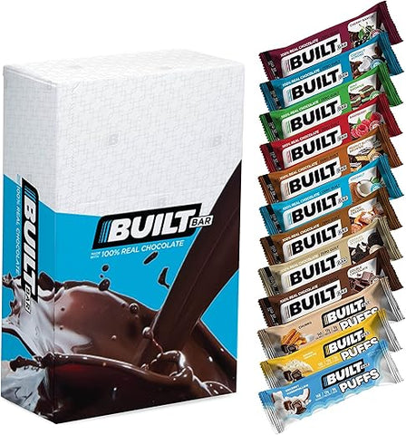 12 Pack – Barras de Alta Proteína e Energia – Baixo Carboidrato, Baixa Caloria, Baixo Açúcar – Cobertas com Chocolate 100% Real – Lanche Delicioso e Saudável – Livre de Glúten (Caixa com 12 Sabores Variados) - Built Bar
