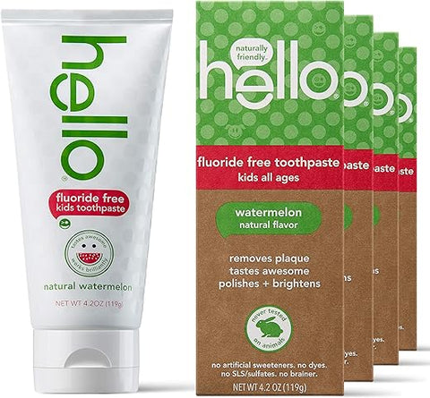 hello - Pasta de Dente Infantil Hello Natural Sabor Melancia, Livre de Flúor, Vegana, Sem SLS, Sem Glúten, Segura para Engolir, Bebês e Crianças, 4,2 Ounce (Pack de 4)