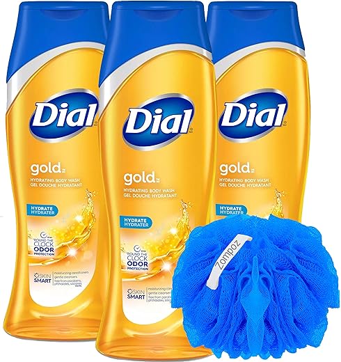 ZompoZ - Dial Gold Sabonete Líquido Hidratante, 3 Unidades de Sabonete Corporal Suave para Homens e Mulheres, Livre de Parabenos com Vitamina E, 621 ml Cada + Brinde Esponja Zompo-Z