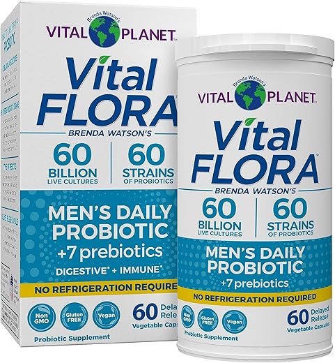 Probiótico Diário para Homens, 60 Bilhões de UFC, 60 Cepas Diversas, 7 Prebióticos Orgânicos, Suporte Imunológico, Alívio de Gases, Saúde Digestiva – Vital Flora - Vital Planet