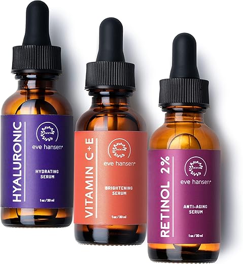 Conjunto de Soro Facial Eve Hansen | Soro de Vitamina C, Soro de Ácido Hialurônico, Soro de Retinol | Conjunto de Soro Hidratante e Anti-Envelhecimento | 3×30 ml