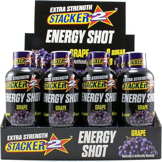 STACKER 2 - Stacker 2 Extreme Energy Shot Extra Strength Uva 2 fl oz (Pack com 12) – Energético Potente, Saboroso e Prático