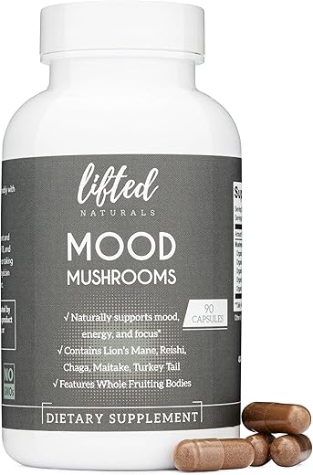 Lifted Naturals - Mood Mushrooms – Suplemento de Cogumelos Elevados – Cogumelo do Leão, Reishi, Chaga, Cauda de Peru, Maitake – Energia, Foco, Alívio do Estresse – Marca Mood Mushrooms
