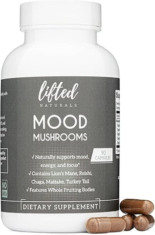Lifted Naturals - Mood Mushrooms – Suplemento de Cogumelos Elevados – Cogumelo do Leão, Reishi, Chaga, Cauda de Peru, Maitake – Energia, Foco, Alívio do Estresse – Marca Mood Mushrooms