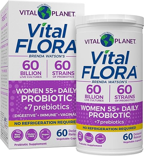 Vital Flora Mulheres Acima de 55 Probiótico Diário 60 Bilhões UFC, 60 Cepas Diversas, 7 Prebióticos Orgânicos, Suporte Imunológico Probióticos para Saúde Digestiva Estável – Marca Vital Planet - Vital Planet