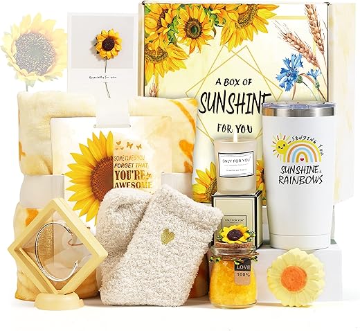 Mollywatr - Presentes de Sol para Mulheres, Kit de Cuidados para Mulheres, 9 Peças de Presentes Girassol, Cesta de Presentes para Melhoras, Caixa de Presentes de Aniversário Únicos com Manta Inspiradora e Vela