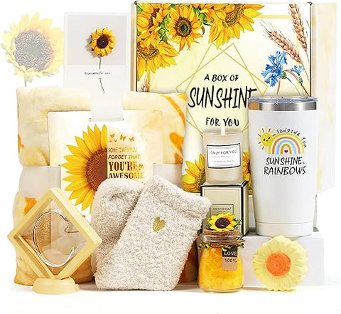 Mollywatr - Presentes de Sol para Mulheres, Kit de Cuidados para Mulheres, 9 Peças de Presentes Girassol, Cesta de Presentes para Melhoras, Caixa de Presentes de Aniversário Únicos com Manta Inspiradora e Vela