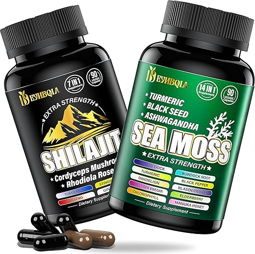 EYHBQIA - Pacote Sea Moss e Shilajit – 90 Unidades – Sea Moss, Óleo de Semente Preta, Ashwagandha, Cúrcuma