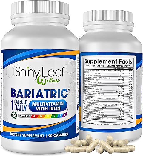 Multivitamínico Bariátrico com Ferro – 45mg Ferro, 90 Cápsulas, Suporte Pós-Cirurgia Bariátrica, para Sleeve Gástrico, Bypass e Mini Bypass, Vitaminas Diárias de Alta Potência, para Mulheres e - Shiny Leaf