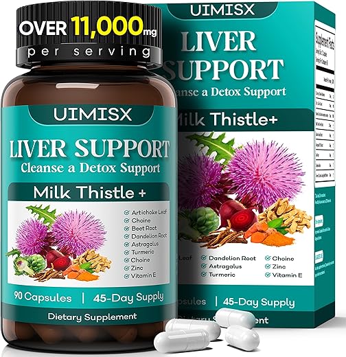 UIMISX - Milk Thistle – Fórmula de Desintoxicação do Fígado com Suporte Herbal de Cardo Mariano, Raiz de Dente-de-leão, Alcachofra, Cúrcuma, Astrágalo para a Saúde do Fígado, 90 Cápsulas