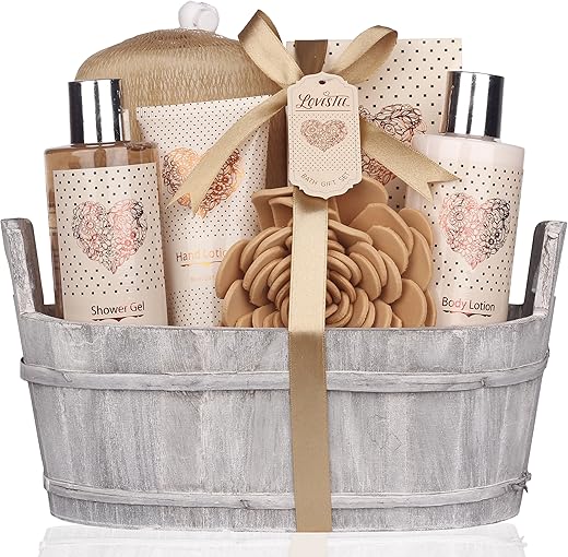 LOVESTEE - Cesta de Presente de Spa – Conjunto de Banho e Corpo com Fragrância de Baunilha por Lovestee – Inclui Gel de Banho, Loção Corporal, Loção para as Mãos, Sal de Banho, Esponja Eva e uma Esponja de Banho