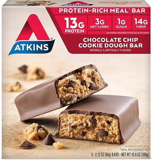 Barra de Proteína de Massa de Biscoito com Gotas de Chocolate, Alto Teor de Fibras, 1g de Açúcar, 3g de Carboidratos Líquidos, Substituto de Refeição, 30 Unidades - Atkins