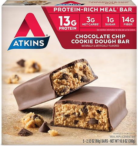 Barra de Proteína de Massa de Biscoito com Gotas de Chocolate, Alto Teor de Fibras, 1g de Açúcar, 3g de Carboidratos Líquidos, Substituto de Refeição, 30 Unidades - Atkins