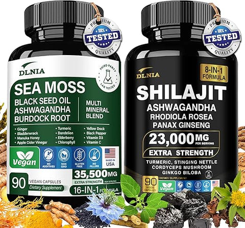 DLNIA - Shilajit 9000mg, Sea Moss 17500mg, Gengibre – Potência Natural para Energia e Saúde