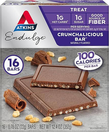 Endulge Treat Barra Crunchalicious, 1g Carboidratos Líquidos, 1g Açúcar, Rica em Fibras, Amigável para Keto, 16 Unidades - Atkins