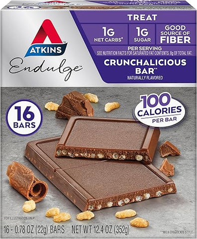 Endulge Treat Barra Crunchalicious, 1g Carboidratos Líquidos, 1g Açúcar, Rica em Fibras, Amigável para Keto, 16 Unidades - Atkins