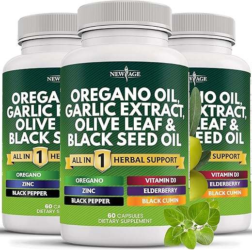 Óleo de Orégano NEW AGE 6000mg Extrato de Alho 4000mg Folha de Oliveira 3000mg com Astragalus – Suporte Imunológico