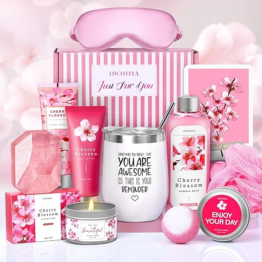 LUCOTIYA - Presentes para Mulheres – Kit de Presente de Aniversário, Banho e Spa – 10 Peças Natal Dia dos Namorados Dia das Mães e Pacote de Cuidados Pessoais de Flor de Cerejeira – Cesta de Presente para Mulheres, Relaxante