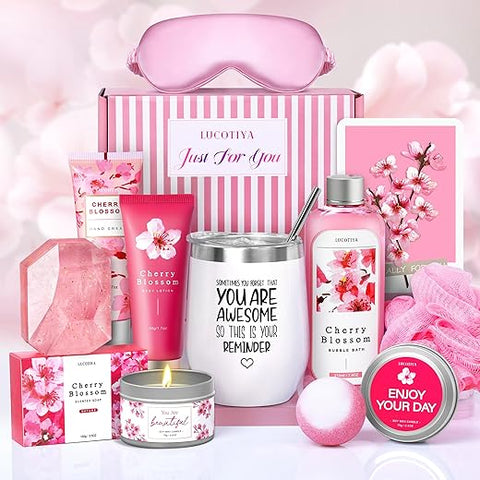 LUCOTIYA - Presentes para Mulheres – Kit de Presente de Aniversário, Banho e Spa – 10 Peças Natal Dia dos Namorados Dia das Mães e Pacote de Cuidados Pessoais de Flor de Cerejeira – Cesta de Presente para Mulheres, Relaxante