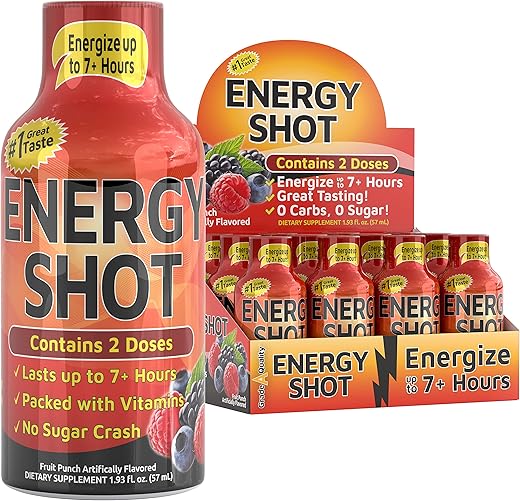 Vitamin Energy - Grade A Quality Shots, Sabor de Ponche de Frutas, Energia de até 7 Horas, 57 ml, 12 Unidades