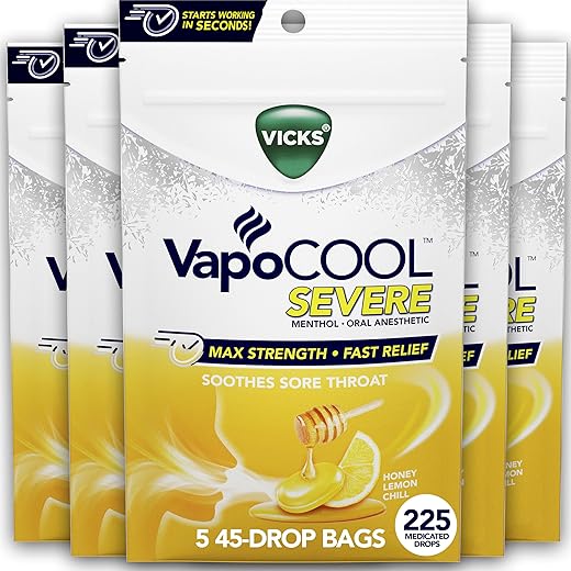 VapoCOOL SEVERE Gotas para Dor de Garganta Medicadas, Alívio Máximo de Ação Rápida, Alivia a Dor de Garganta Causada pela Tosse, Poderosos Vapores Vicks, Mentol, Limão Mel Gelado - Vicks