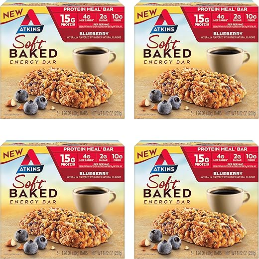 Barras Energéticas Soft Baked, Mirtilo, 15g Proteína, 2g Açúcar, Excelente Fonte de Fibra, Baixo Carboidrato, 4 Pacotes (5 Barras Cada) - Atkins