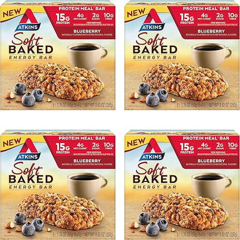 Barras Energéticas Soft Baked, Mirtilo, 15g Proteína, 2g Açúcar, Excelente Fonte de Fibra, Baixo Carboidrato, 4 Pacotes (5 Barras Cada) - Atkins