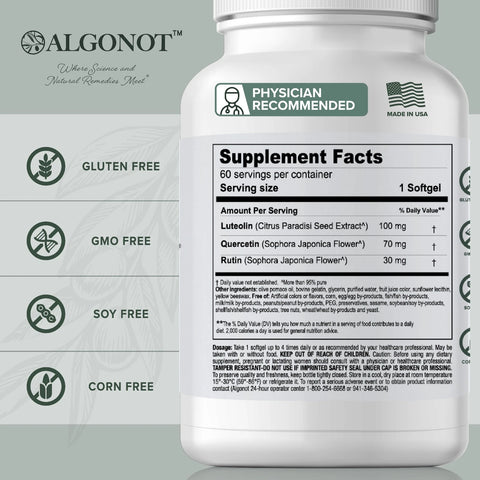 Algonot - NeuroProtek® 2 pack: Luteolina lipossomal com óleo de bagaço de oliva – Suplemento dietético oral único, patenteado e natural em cápsulas gelatinosas que pode promover harmonia